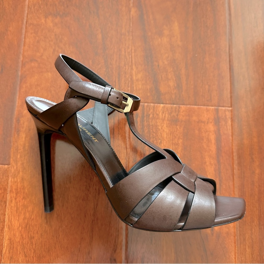 Saint Laurent Tribute Toffee Brown Woven Calf Leather High Heeled Sandals - Picture 12 of 15